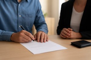 Osoba w niebieskiej koszuli podpisuje dokument leżący na stole, a obok siedzi druga osoba w czarnym żakiecie, obserwując proces podpisywania w spokojnym, jasnym biurze.