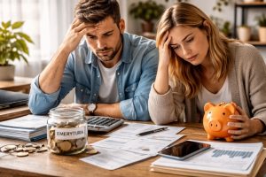 Para analizująca domowe finanse przy stole, z dokumentami emerytalnymi, kalkulatorem i skarbonką, pokazująca stres i emocje związane z oszczędzaniem na emeryturę