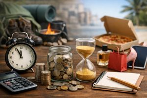 Symboliczne przedstawienie odkładania oszczędzania w czasie – słoik z monetami, klepsydra i przedmioty codziennej konsumpcji na jednym stole
