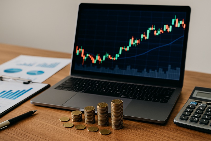 Laptop z wykresem giełdowym, stosy monet i kalkulator symbolizujące inwestowanie w fundusze TFI
