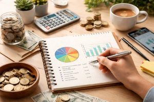 Planowanie domowego budżetu przy biurku z notesem, wykresami wydatków, kalkulatorem, monetami i filiżanką kawy w jasnym, domowym wnętrzu