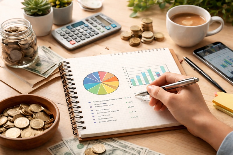 Planowanie domowego budżetu przy biurku z notesem, wykresami wydatków, kalkulatorem, monetami i filiżanką kawy w jasnym, domowym wnętrzu