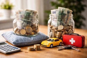 Poduszka finansowa i fundusz awaryjny przedstawione jako dwa słoiki z oszczędnościami, monety, banknoty oraz symbole nagłych wydatków i bezpieczeństwa finansowego