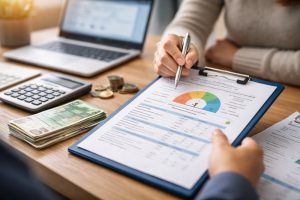 pożyczka a zdolność kredytowa analiza dokumentów finansowych przy biurku z kalkulatorem i pieniędzmi