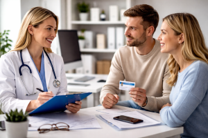prywatne ubezpieczenie zdrowotne podczas wizyty pacjenta u lekarza w nowoczesnej przychodni